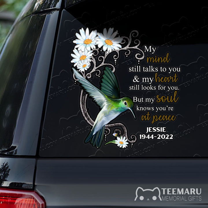 Personalized Hummingbird Memorial Car Decal - Daisy Mind Talks Heart Looks Soul at Peace