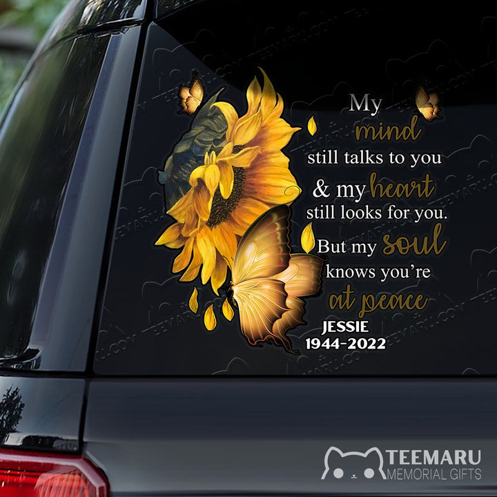 Personalized Orange Butterfly Sunflower Memorial Car Decal - Mind Talks Heart Looks Soul At Peace