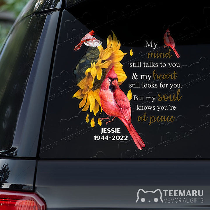 Personalized Cardinal Sunflower Memorial Car Decal - Mind Talks Heart Looks Soul At Peace