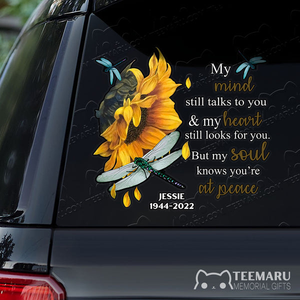 Personalized Dragonfly Sunflower Memorial Car Decal - Mind Talks Heart Looks Soul At Peace