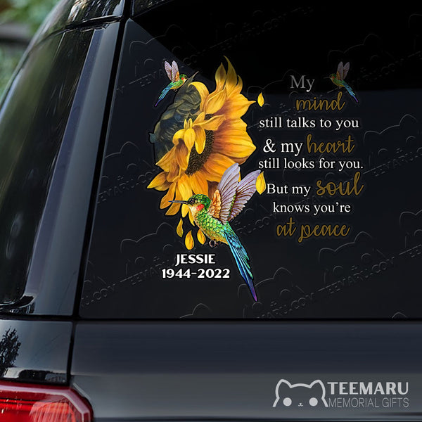 Personalized Hummingbird Sunflower Memorial Car Decal - Mind Talks Heart Looks Soul At Peace