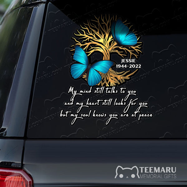 Personalized Tree Of Life Blue Butterfly Memorial Car Decal - Piece Of Heart Heaven