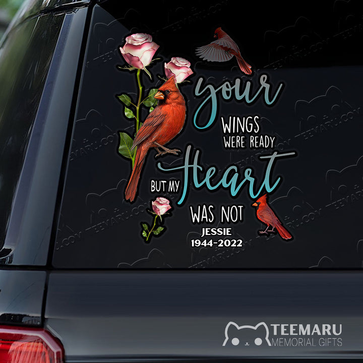 Personalized Rose Cardinal Memorial Car Decal - Wings Ready Heart Not