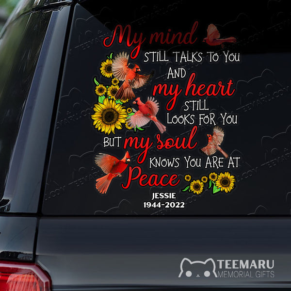 Personalized Sunflower Cardinal Memorial Car Decal - Mind Talks Heart Looks Soul At Peace