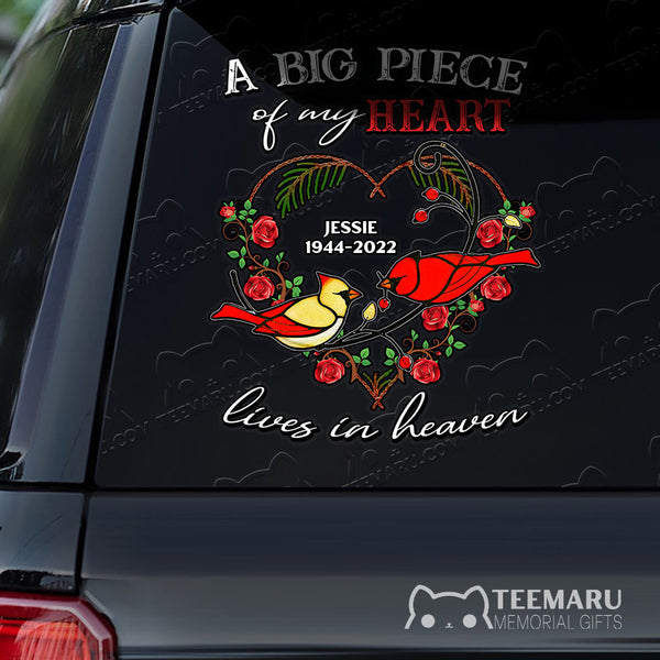 Personalized Rose Cardinal Memorial Car Decal - Piece Of Heart Heaven