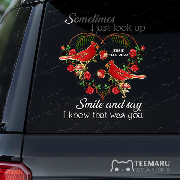 Personalized Rose Cardinal Memorial Car Decal - Look Up Smile Know You