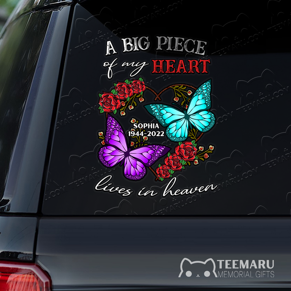 Personalized Rose Purple Turquoise Butterfly Memorial Car Decal - Piece Of Heart Heaven