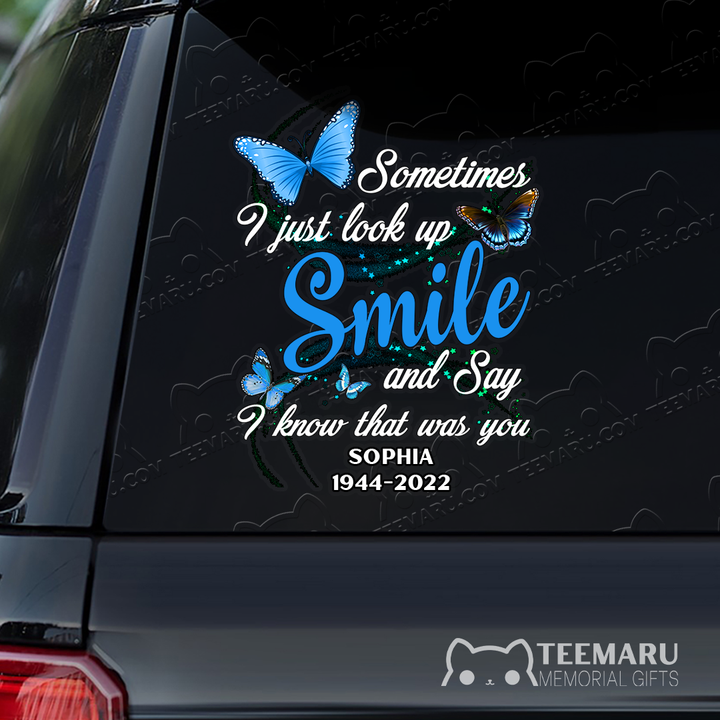 Personalized Blue Butterfly Memorial Car Decal - Look Up Smile Know You