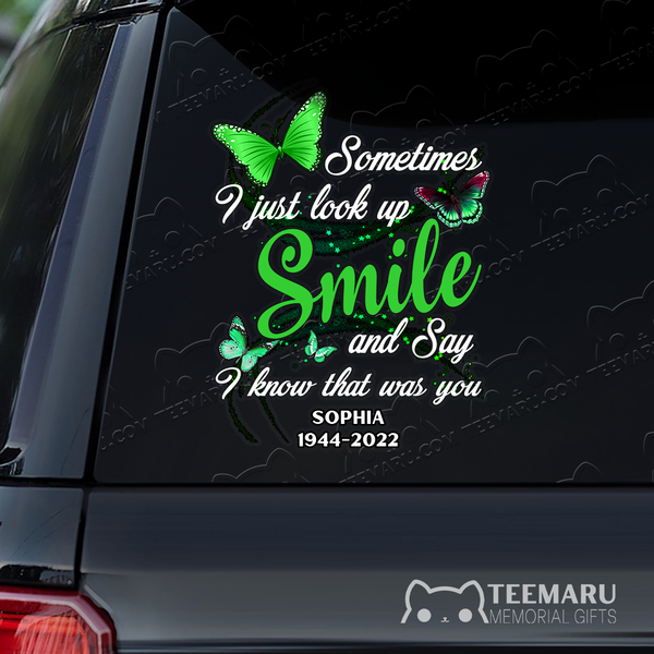 Personalized Green Butterfly Memorial Car Decal - Look Up Smile Know You