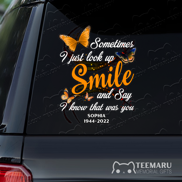 Personalized Orange Butterfly Memorial Car Decal - Look Up Smile Know You