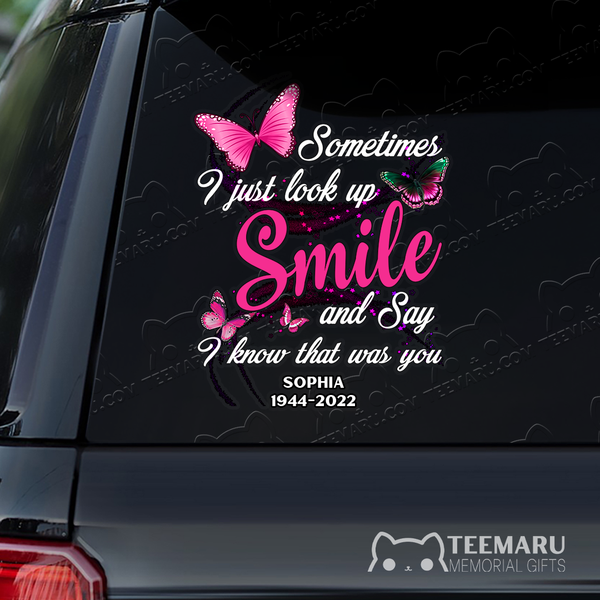 Personalized Pink Butterfly Memorial Car Decal - Look Up Smile Know You