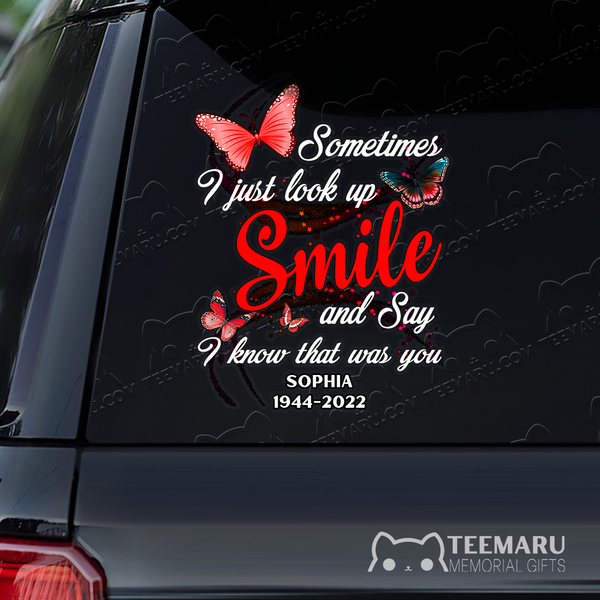 Personalized Red Butterfly Memorial Car Decal - Look Up Smile Know You