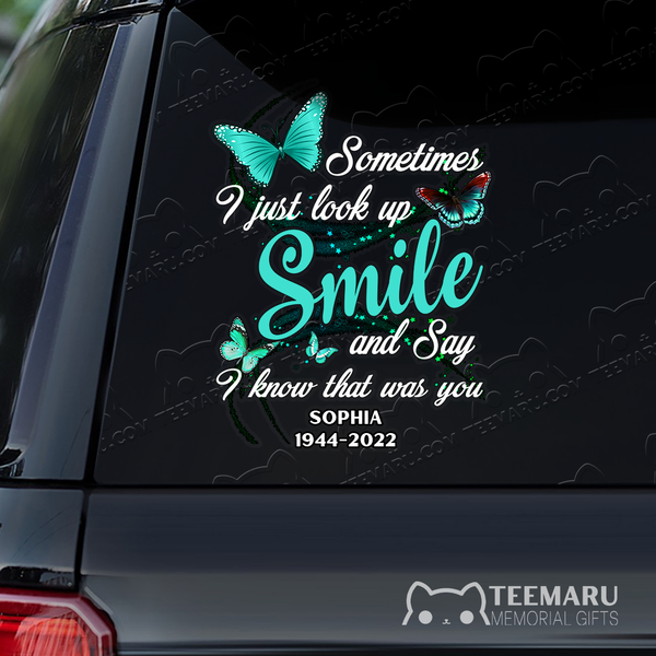 Personalized Turquoise Butterfly Memorial Car Decal - Look Up Smile Know You