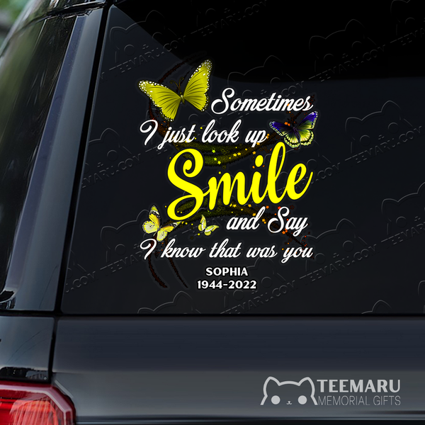 Personalized Yellow Butterfly Memorial Car Decal - Look Up Smile Know You