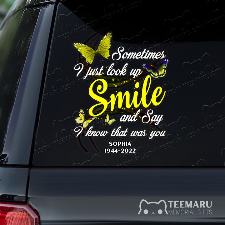 Personalized Yellow Butterfly Memorial Car Decal - Look Up Smile Know You