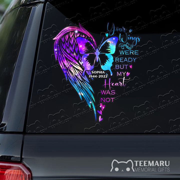 Personalized Angel Wings Butterfly Memorial Car Decal - Wings Ready, Heart Not