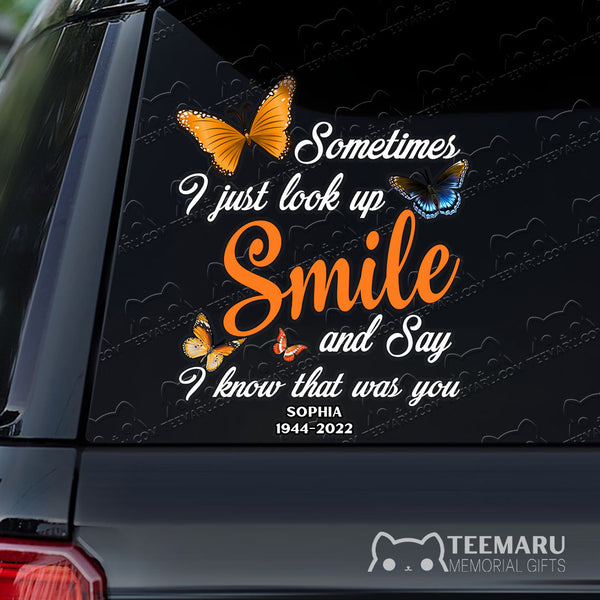 Personalized Orange Butterfly Memorial Car Decal - Look Up, Smile, Know You