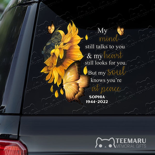 Personalized Sunflower Yellow Butterfly Memorial Car Decal - Mind Talks, Heart Looks, Soul at Peace