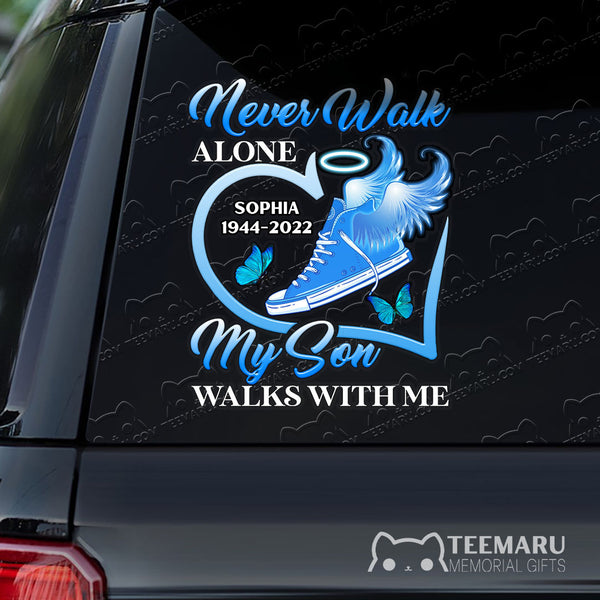 Personalized Son Angel Wings Blue Butterfly Memorial Car Decal - Never Alone, Son Walks With Me