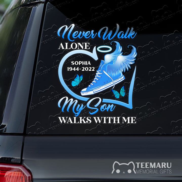 Personalized Son Angel Wings Blue Butterfly Memorial Car Decal - Never Alone, Son Walks With Me