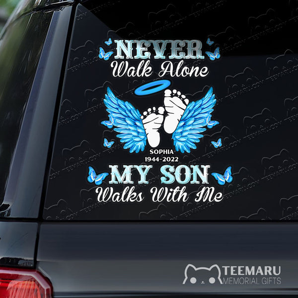 Personalized Son Angel Wings Blue Butterfly Memorial Car Decal - Never Alone, Son Walks With Me