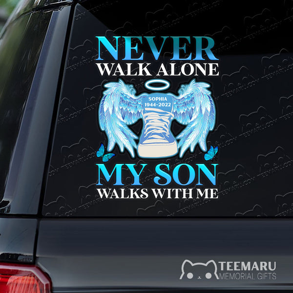 Personalized Son Angel Wings Blue Butterfly Memorial Car Decal - Never Alone, Son Walks With Me