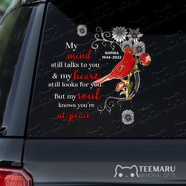 Personalized Cardinal Memorial Car Decal - Mind Talks, Heart Looks, Soul At Peace