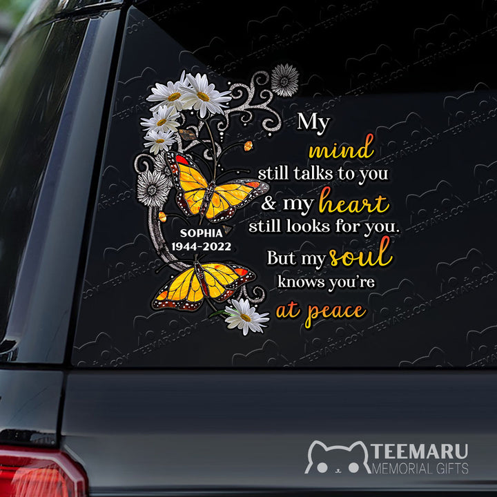 Personalized Daisy Yellow Butterfly Memorial Car Decal - Mind Talks, Heart Looks, Soul At Peace