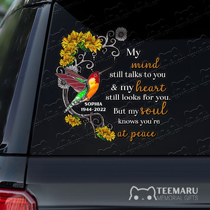 Personalized Sunflower Hummingbird Memorial Car Decal - Mind Talks, Heart Looks, Soul At Peace