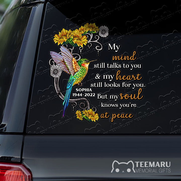 Personalized Sunflower Hummingbird Memorial Car Decal - Mind Talks, Heart Looks, Soul At Peace