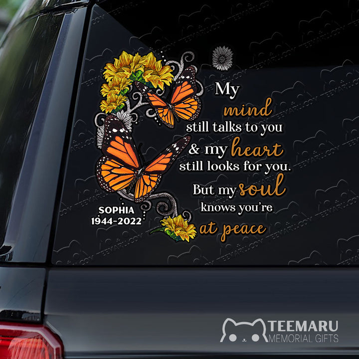 Personalized Sunflower Orange Butterfly Memorial Car Decal - Mind Talks, Heart Looks, Soul At Peace