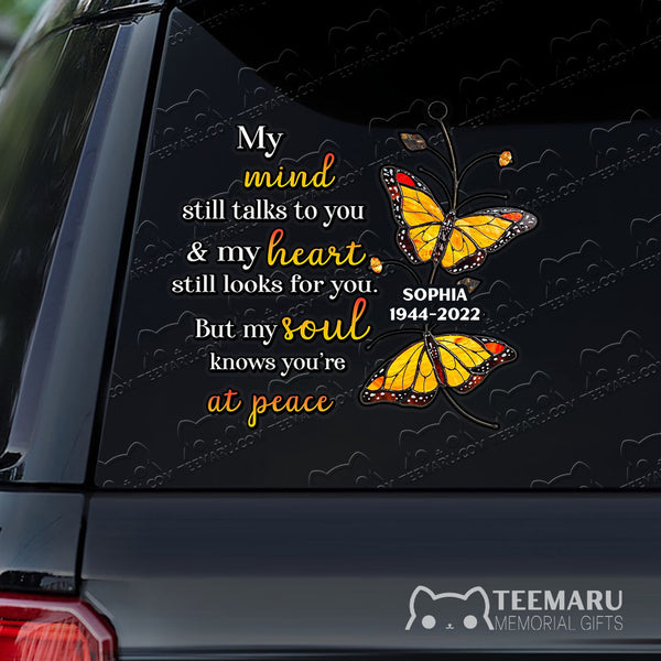 Personalized Yellow Butterfly Memorial Car Decal - Mind Talks, Heart Looks, Soul At Peace