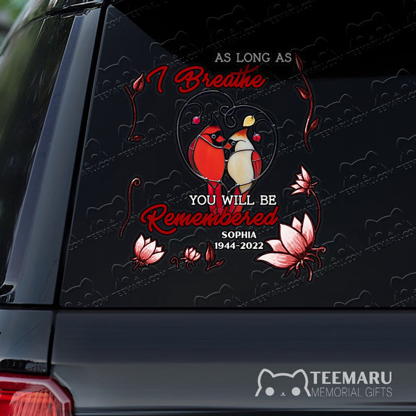 Personalized Cardinal Memorial Car Decal - Breathe, Remembered