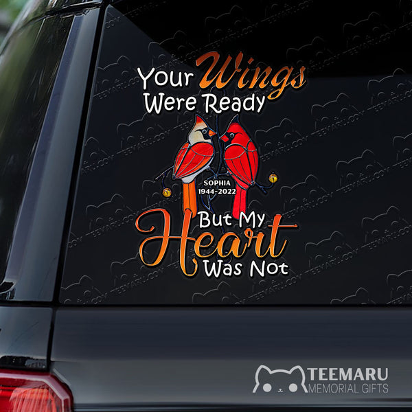 Personalized Cardinal Memorial Car Decal - Wings Ready, Heart Not