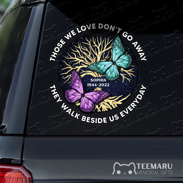 Personalized Purple Turquoise Butterfly Memorial Car Decal - Love Doesn't Go Away, Walk Beside