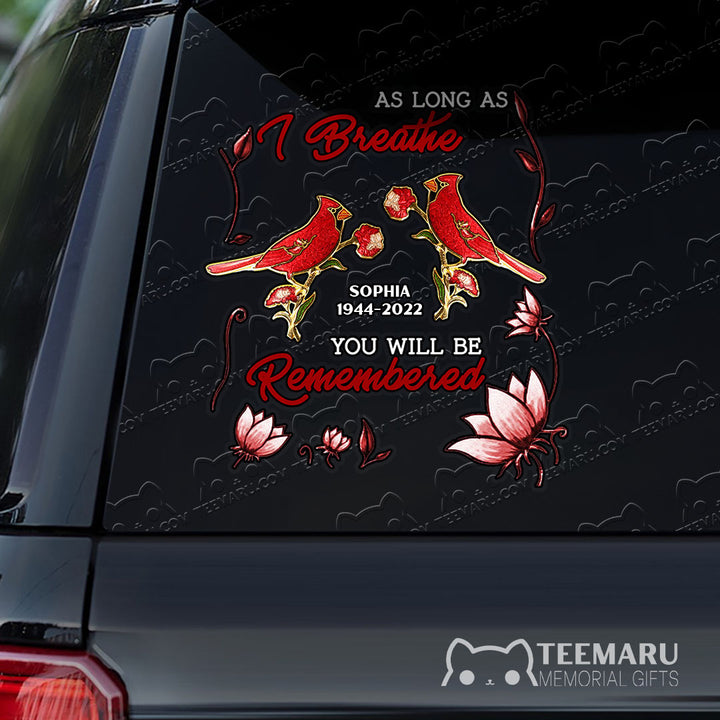 Personalized Rose Cardinal Memorial Car Decal - Breathe, Remembered