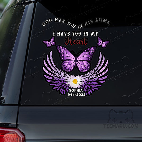 Personalized Angel Wings Daisy Purple Butterfly Memorial Car Decal - God's Arms, My Heart