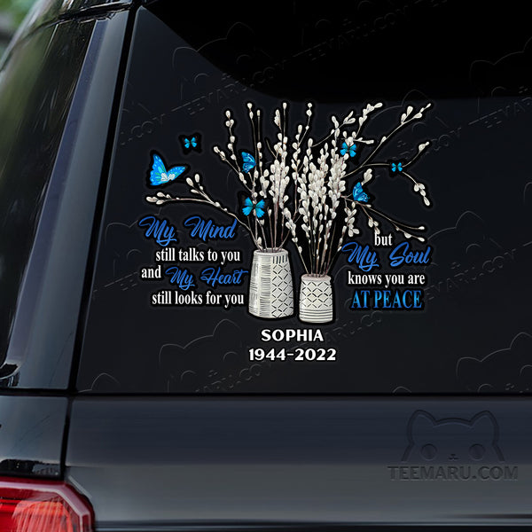 Personalized Blue Butterfly Memorial Car Decal - Mind Talks, Heart Looks, Soul At Peace