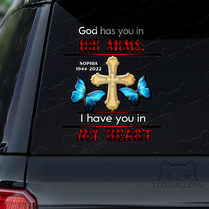 Personalized Cross Blue Butterfly Memorial Car Decal - God's Arms, My Heart