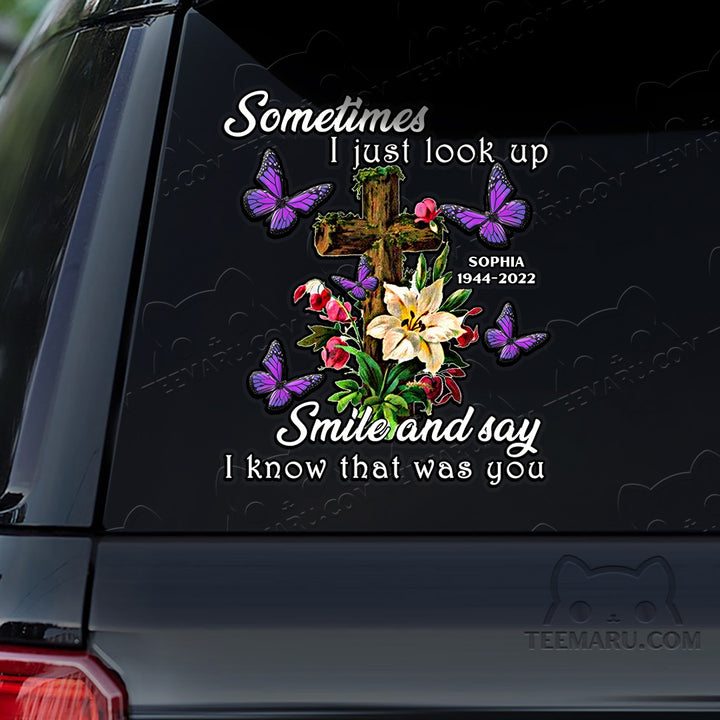 Personalized Cross Purple Butterfly Memorial Car Decal - Look Up, Smile, Know You