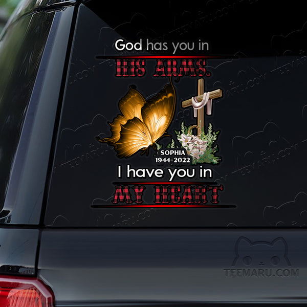 Personalized Cross Yellow Butterfly Memorial Car Decal - God's Arms, My Heart