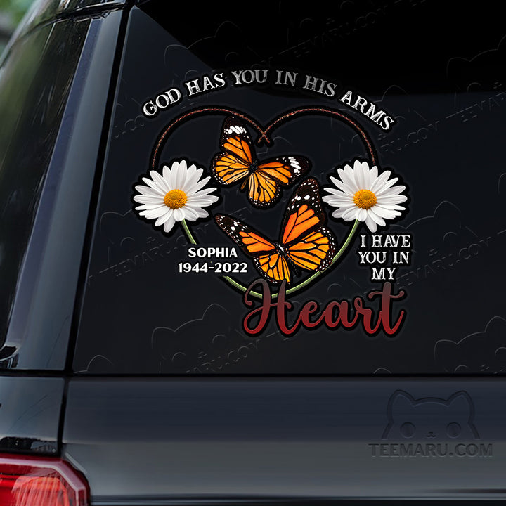 Personalized Daisy Orange Butterfly Memorial Car Decal - God's Arms, My Heart