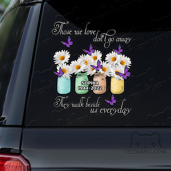 Personalized Daisy Purple Butterfly Memorial Car Decal - Love Doesn't Go Away, Walk Beside