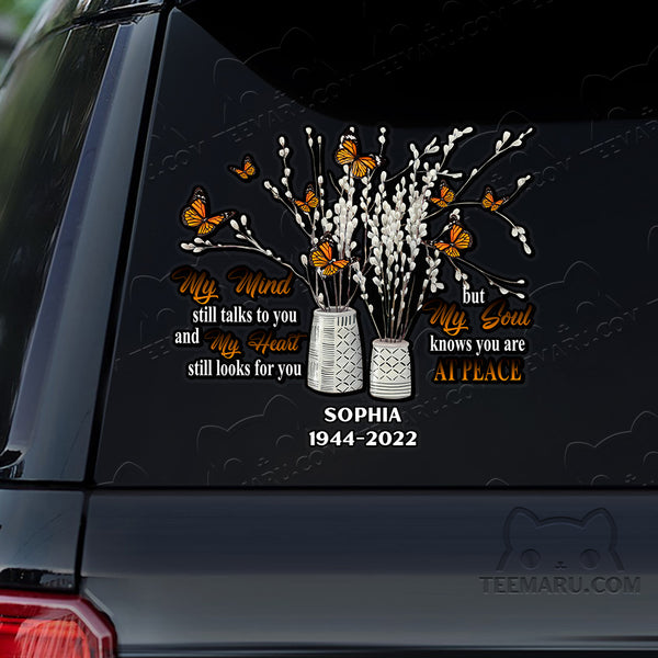 Personalized Orange Butterfly Memorial Car Decal - Mind Talks, Heart Looks, Soul At Peace