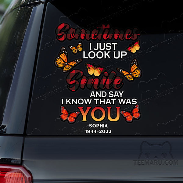 Personalized Orange Butterfly Memorial Car Decal - Look Up, Smile, Know You