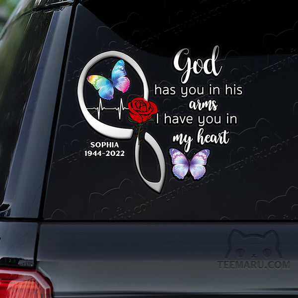 Personalized Rose Colorful Butterfly Memorial Car Decal - God's Arms, My Heart
