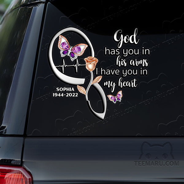 Personalized Rose Purple Butterfly Memorial Car Decal - God's Arms, My Heart