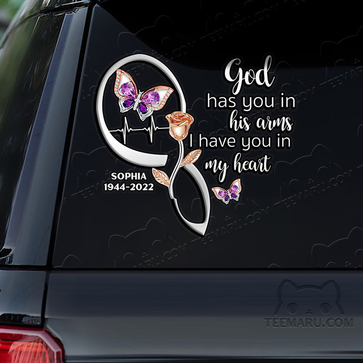 Personalized Rose Purple Butterfly Memorial Car Decal - God's Arms, My Heart