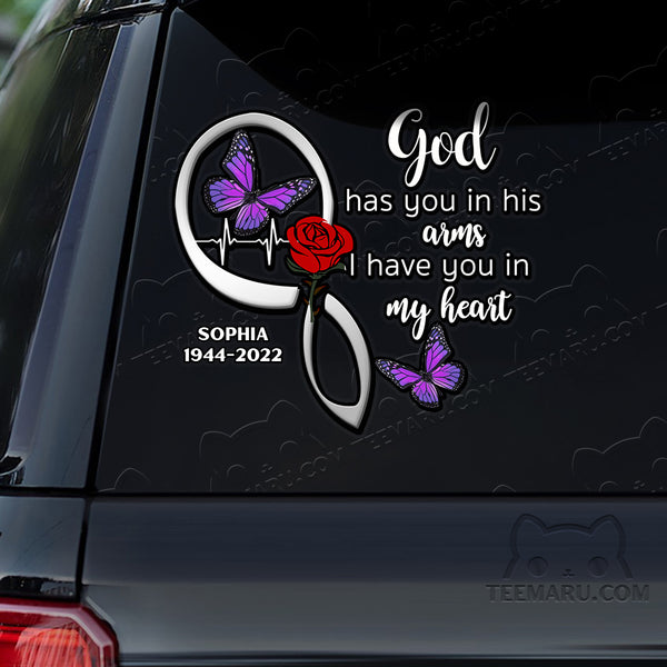 Personalized Rose Purple Butterfly Memorial Car Decal - God's Arms, My Heart