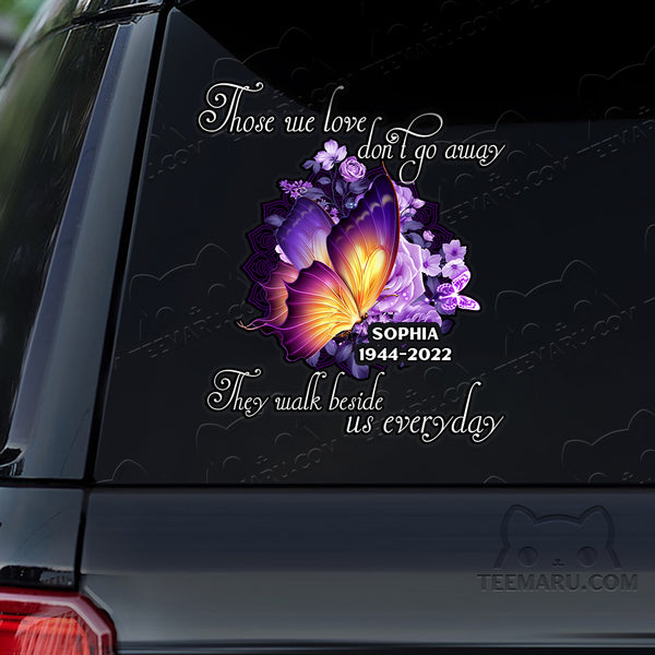 Personalized Rose Purple Butterfly Memorial Car Decal - Love Doesn't Go Away, Walk Beside